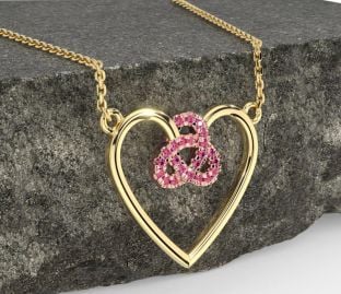 Pink Tourmaline Rose Yellow Gold Celtic Trinity Knot Heart Necklace