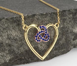Sapphire Rose Yellow Gold Celtic Trinity Knot Heart Necklace