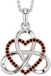 Garnet Rose Gold Silver Celtic Trinity Knot Heart Necklace