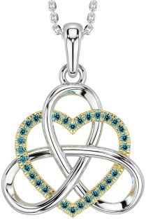 Aquamarine Gold Silver Celtic Trinity Knot Heart Necklace