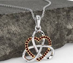 Garnet Gold Silver Celtic Trinity Knot Heart Necklace