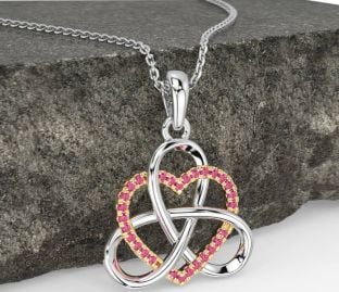 Pink Tourmaline Gold Silver Celtic Trinity Knot Heart Necklace