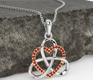 Ruby Gold Silver Celtic Trinity Knot Heart Necklace