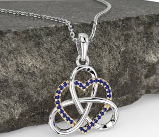 Sapphire Gold Silver Celtic Trinity Knot Heart Necklace