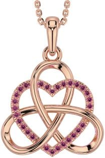 Pink Tourmaline Rose Gold Silver Celtic Trinity Knot Heart Necklace