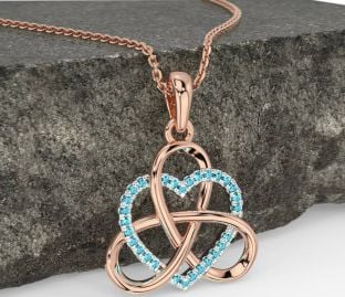 Aquamarine White Rose Gold Celtic Trinity Knot Heart Necklace