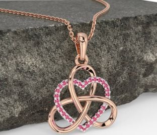 Pink Tourmaline White Rose Gold Celtic Trinity Knot Heart Necklace