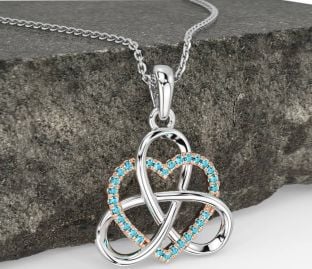 Aquamarine Rose Gold Silver Celtic Trinity Knot Heart Necklace