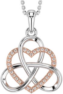 Diamond Rose Gold Silver Celtic Trinity Knot Heart Necklace