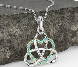Aquamarine Gold Silver Celtic Trinity Knot Heart Necklace