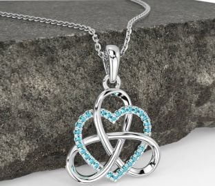 Aquamarine White Gold Celtic Trinity Knot Heart Necklace