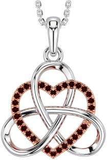 Garnet White Rose Gold Celtic Trinity Knot Heart Necklace