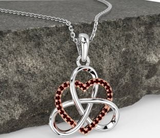 Garnet White Rose Gold Celtic Trinity Knot Heart Necklace