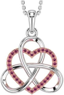 Pink Tourmaline White Rose Gold Celtic Trinity Knot Heart Necklace