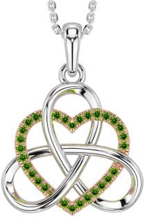 Peridot White Rose Gold Celtic Trinity Knot Heart Necklace