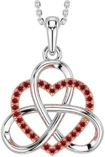 Ruby White Rose Gold Celtic Trinity Knot Heart Necklace