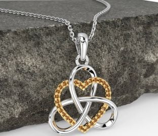 Citrine White Yellow Gold Celtic Trinity Knot Heart Necklace