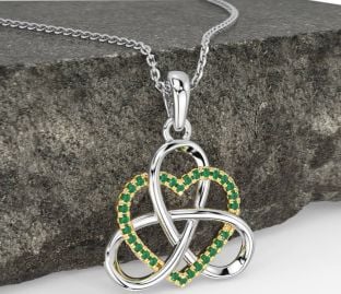 Emerald White Yellow Gold Celtic Trinity Knot Heart Necklace