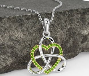 Peridot White Yellow Gold Celtic Trinity Knot Heart Necklace