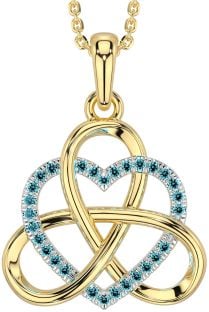 Aquamarine White Yellow Gold Celtic Trinity Knot Heart Necklace