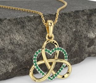 Emerald White Yellow Gold Celtic Trinity Knot Heart Necklace