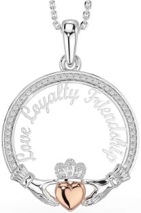 Diamond Rose Gold Silver Irish "Love, Loyalty, & Friendship" Claddagh Necklace