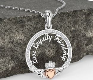 Diamond Rose Gold Silver Irish "Love, Loyalty, & Friendship" Claddagh Necklace