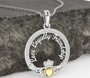 Diamond Gold Silver Irish "Love, Loyalty, & Friendship" Claddagh Necklace