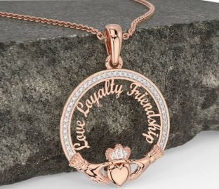 Diamond Rose Gold Silver Irish "Love, Loyalty, & Friendship" Claddagh Necklace