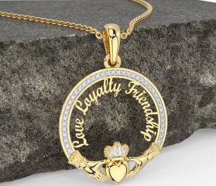 Diamond Gold Silver Irish "Love, Loyalty, & Friendship" Claddagh Necklace