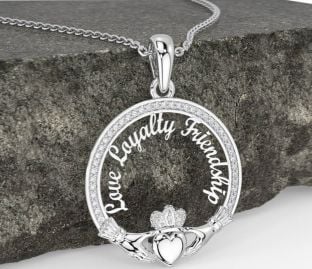 Diamond Silver Irish "Love, Loyalty, & Friendship" Claddagh Necklace