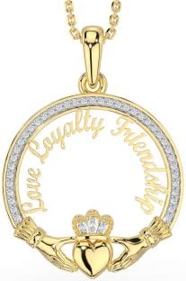 Diamond Gold Irish "Love, Loyalty, & Friendship" Claddagh Necklace