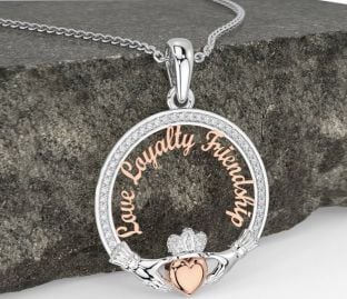 Diamond White Rose Gold Irish "Love, Loyalty, & Friendship" Claddagh Necklace