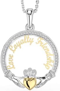 Diamond White Yellow Gold Irish "Love, Loyalty, & Friendship" Claddagh Necklace