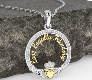 Diamond White Yellow Gold Irish "Love, Loyalty, & Friendship" Claddagh Necklace