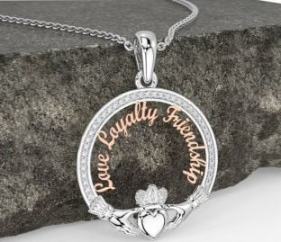 Diamond Rose Gold Silver Irish "Love, Loyalty, & Friendship" Claddagh Necklace