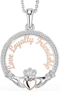 Diamond White Rose Gold Irish "Love, Loyalty, & Friendship" Claddagh Necklace