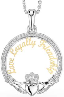 Diamond White Yellow Gold Irish "Love, Loyalty, & Friendship" Claddagh Necklace