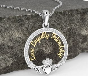 Diamond White Yellow Gold Irish "Love, Loyalty, & Friendship" Claddagh Necklace