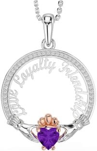 Diamond Amethyst Rose Gold Silver Irish "Love, Loyalty, & Friendship" Claddagh Necklace