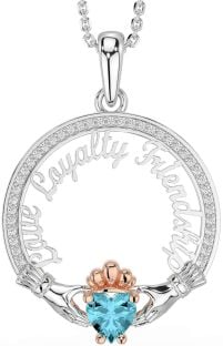 Diamond Aquamarine Rose Gold Silver Irish "Love, Loyalty, & Friendship" Claddagh Necklace