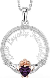 Diamond Alexandrite Rose Gold Silver Irish "Love, Loyalty, & Friendship" Claddagh Necklace