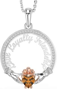 Diamond Citrine Rose Gold Silver Irish "Love, Loyalty, & Friendship" Claddagh Necklace