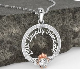 Diamond Rose Gold Silver Irish "Love, Loyalty, & Friendship" Claddagh Necklace