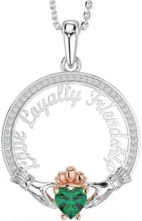 Diamond Emerald Rose Gold Silver Irish "Love, Loyalty, & Friendship" Claddagh Necklace