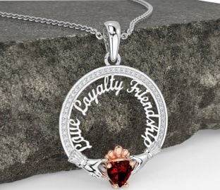 Diamond Garnet Rose Gold Silver Irish "Love, Loyalty, & Friendship" Claddagh Necklace