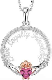 Diamond Pink Tourmaline Rose Gold Silver Irish "Love, Loyalty, & Friendship" Claddagh Necklace
