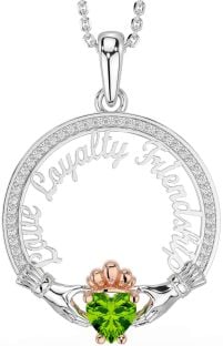 Diamond Peridot Rose Gold Silver Irish "Love, Loyalty, & Friendship" Claddagh Necklace