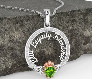 Diamond Peridot Rose Gold Silver Irish "Love, Loyalty, & Friendship" Claddagh Necklace