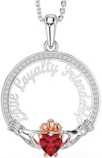 Diamond Ruby Rose Gold Silver Irish "Love, Loyalty, & Friendship" Claddagh Necklace